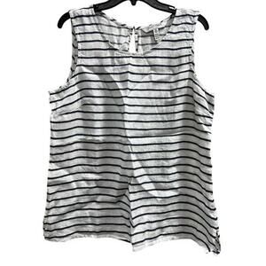 ELLEN TRACY linen white blue nautical coastal sleeveless shell top sz L